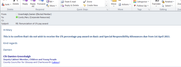 My email to staff renouncing the 1% rise in Member's Allowances.