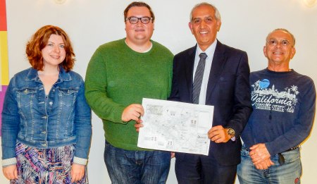 Photo Caption: County Cllrs Ellie Wilcox and Damien Greenhalgh and Padfield Borough Cllr Nick Longos (R) welcoming the news with Derbyshire’s Deputy PCC Hardyal Dhindsa (C)